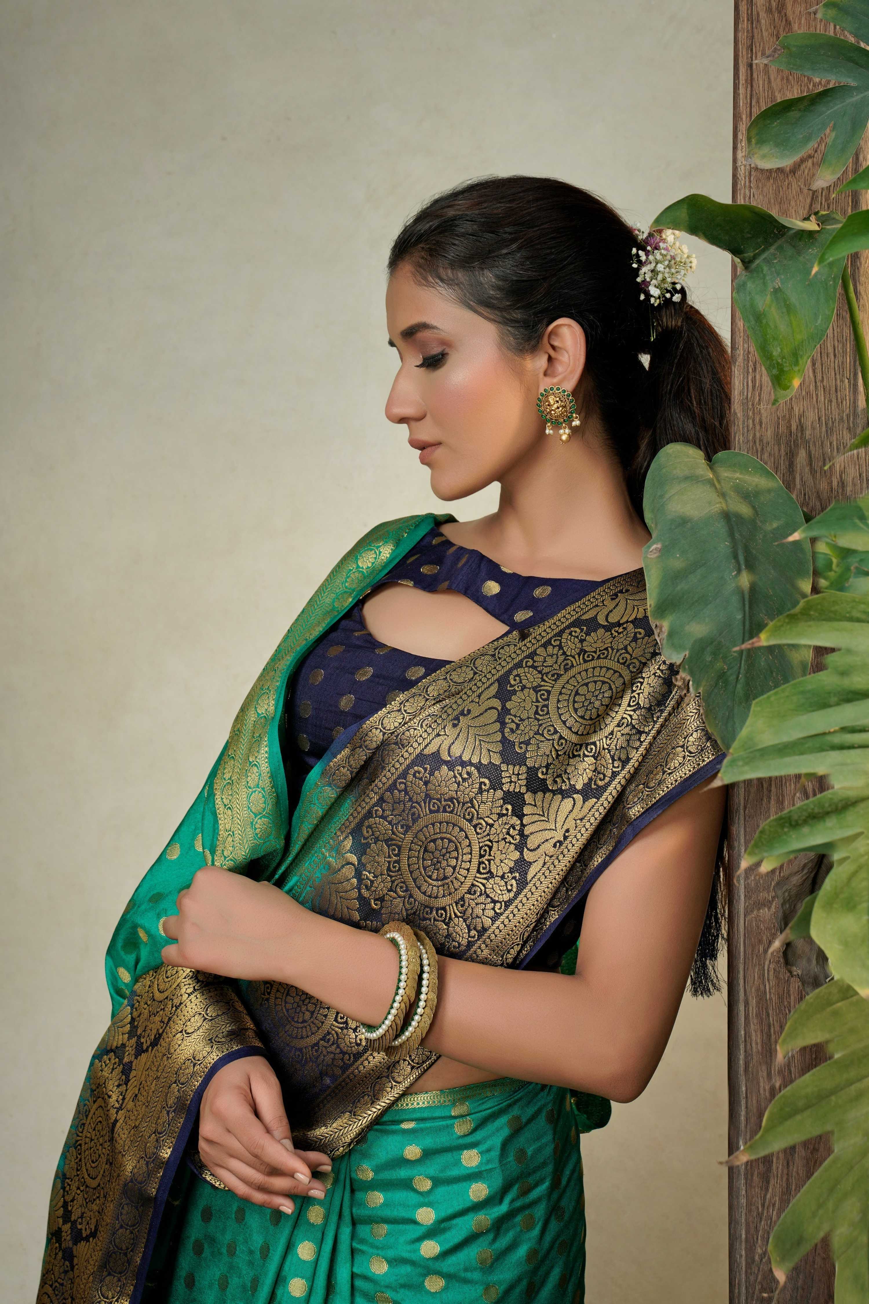 Vardha Teal Green Golden Zari Banarasi Raw Silk Saree