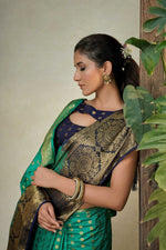 Thumbnail for Vardha Teal Green Golden Zari Banarasi Raw Silk Saree
