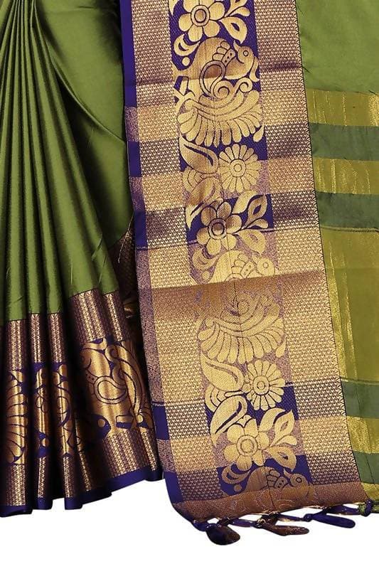 Vamika Banarasi Cotton Silk Weaving Green Saree (DOCTOR MOR GREEN)
