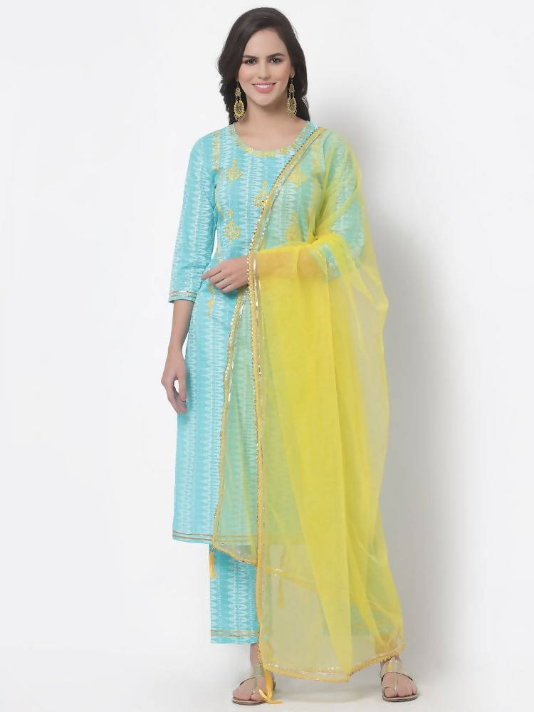 Myshka Women's Cotton Printed 3/4 Sleeve Round Neck Casual Kurta Pant Dupatta Set