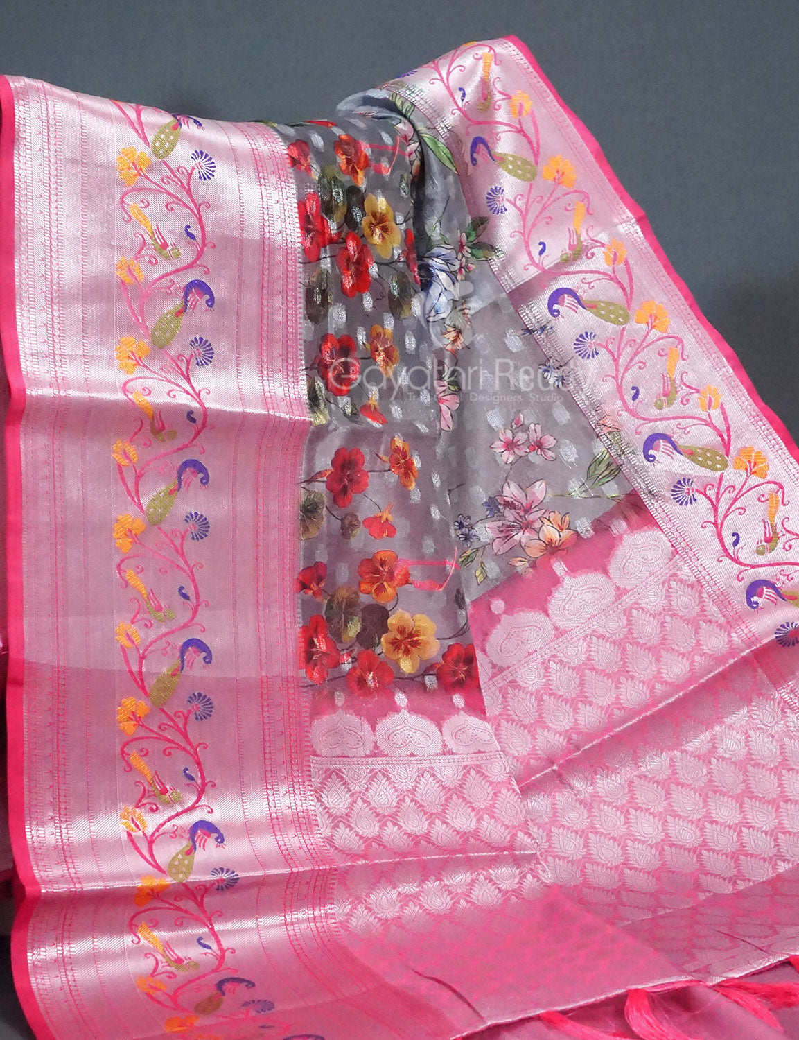 Shades of Grey Colour Floral Design Banaras Semi Silk Saree By Gayathri Reddy Designer Studio - Distacart