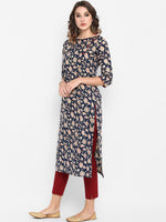 Thumbnail for Janasya Navy Blue Ethnic Motifs Printed Regular Pure Cotton Kurta with Trousers - Distacart