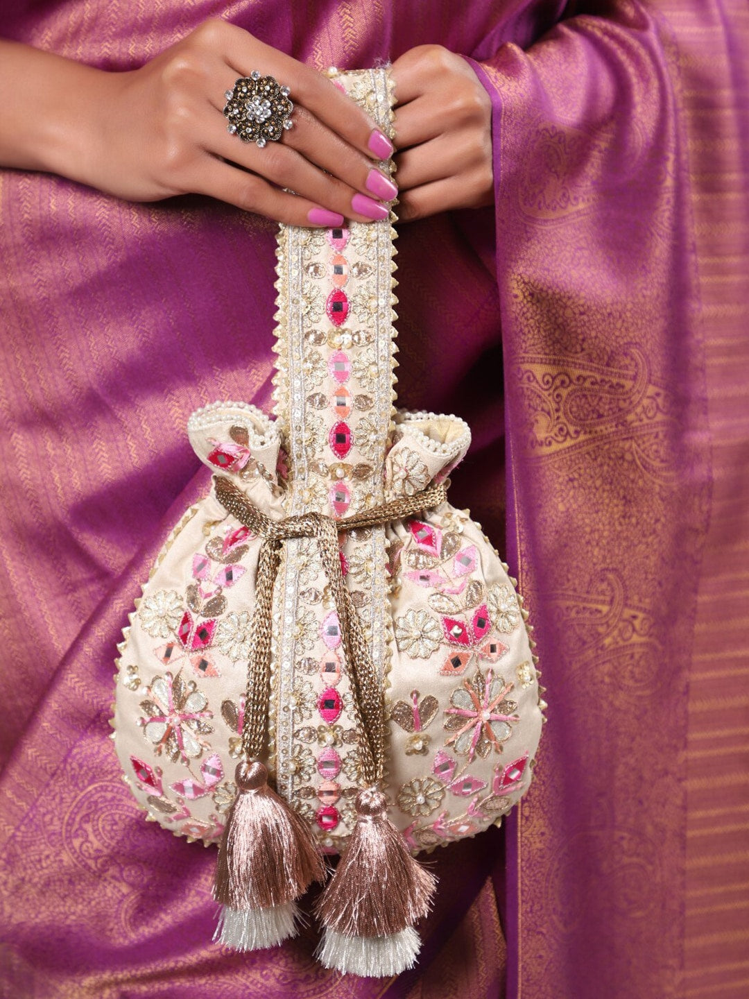 Masq Beige & Pink Embroidered Potli Clutch - Distacart