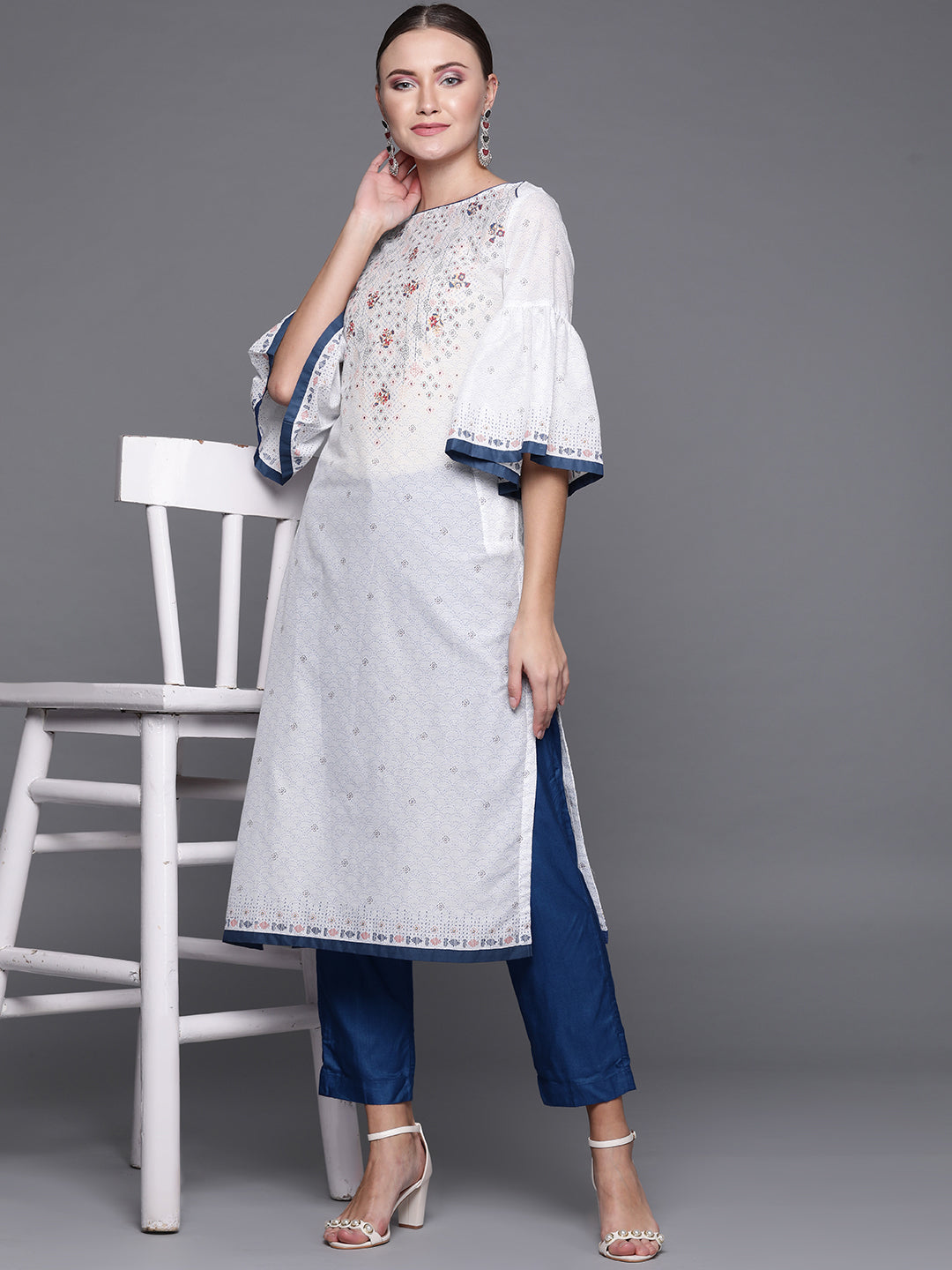 Biba Women White & Blue Printed Straight Kurta - Distacart