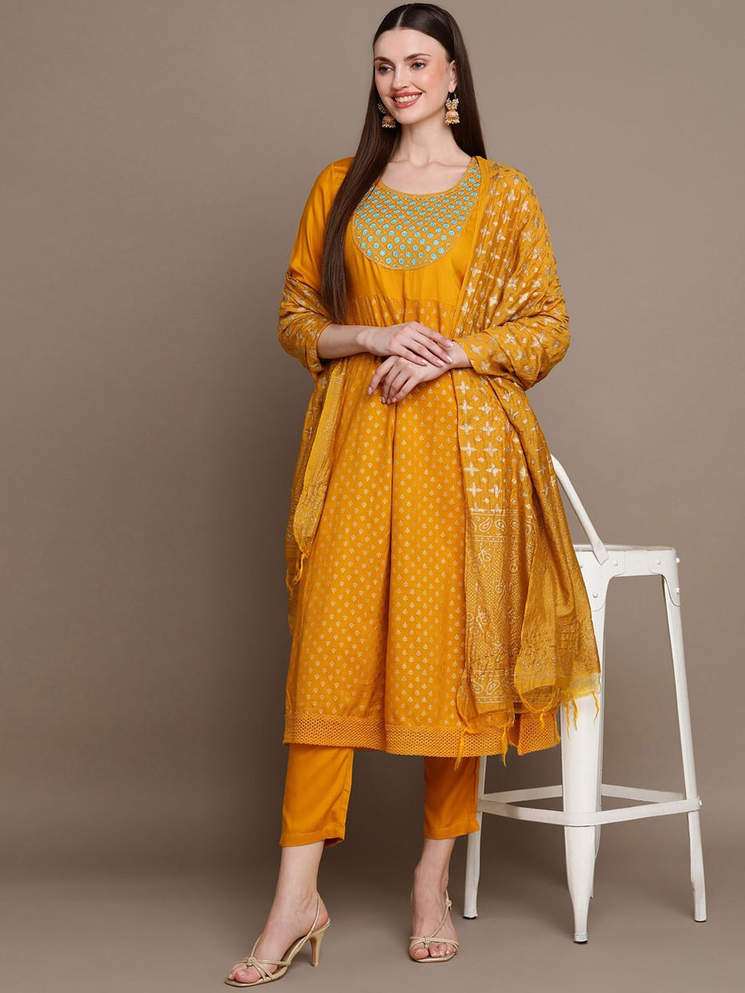 HERE&NOW Ethnic Motifs Embroidered Mirror Work Yoke Anarkali Kurta with Trousers & Dupatta - Distacart