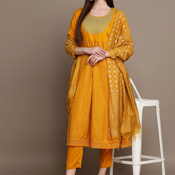 HERE&NOW Ethnic Motifs Embroidered Mirror Work Yoke Anarkali Kurta with Trousers & Dupatta - Distacart