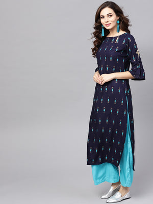 Libas Blue Block Print Straight Viscose Kurta With Keyhole neck - Distacart