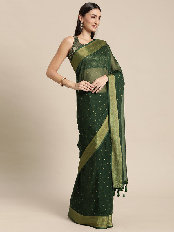 Mitera Green & Gold-Toned Floral Zari Pure Chiffon Saree - Distacart