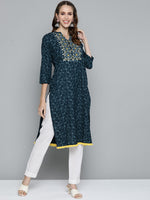 Thumbnail for HERE&NOW Women Teal Blue Ethnic Motifs Printed Straight Kurta - Distacart