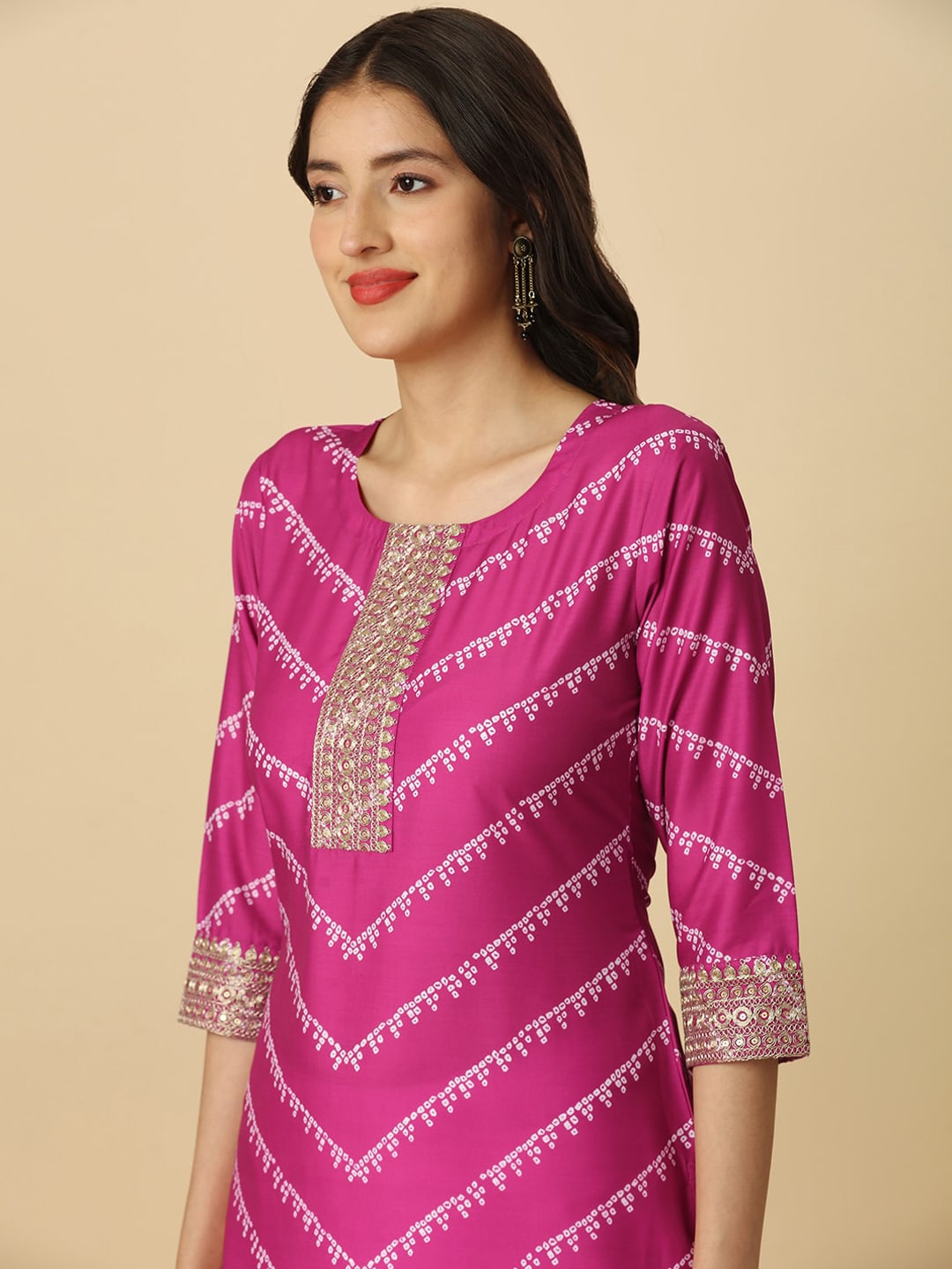 HERE&NOW Pink & White Bandhani Printed Sequinned Straight Kurta - Distacart