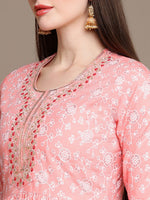 Thumbnail for HERE&NOW Floral Printed Embroidered Sequinned High-Low Kurti with Trouserss - Distacart