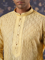 Thumbnail for House of Pataudi Ethnic Motifs Embroidered Mandarin Collar Straight Kurta With Churidar - Distacart