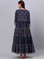 Thumbnail for Kalini Women Navy Blue Floral Printed Thread Work Indie Prints Anarkali Kurta - Distacart