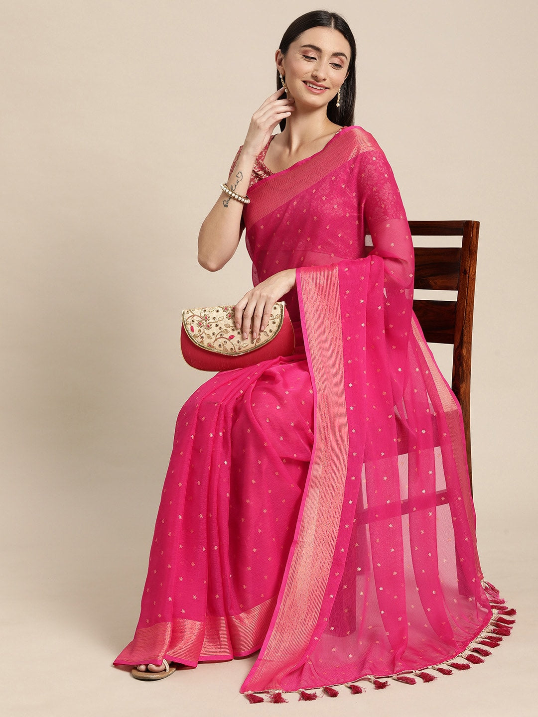 Mitera Pink & Gold-Toned Floral Zari Pure Chiffon Saree - Distacart