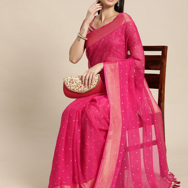 Mitera Pink & Gold-Toned Floral Zari Pure Chiffon Saree - Distacart