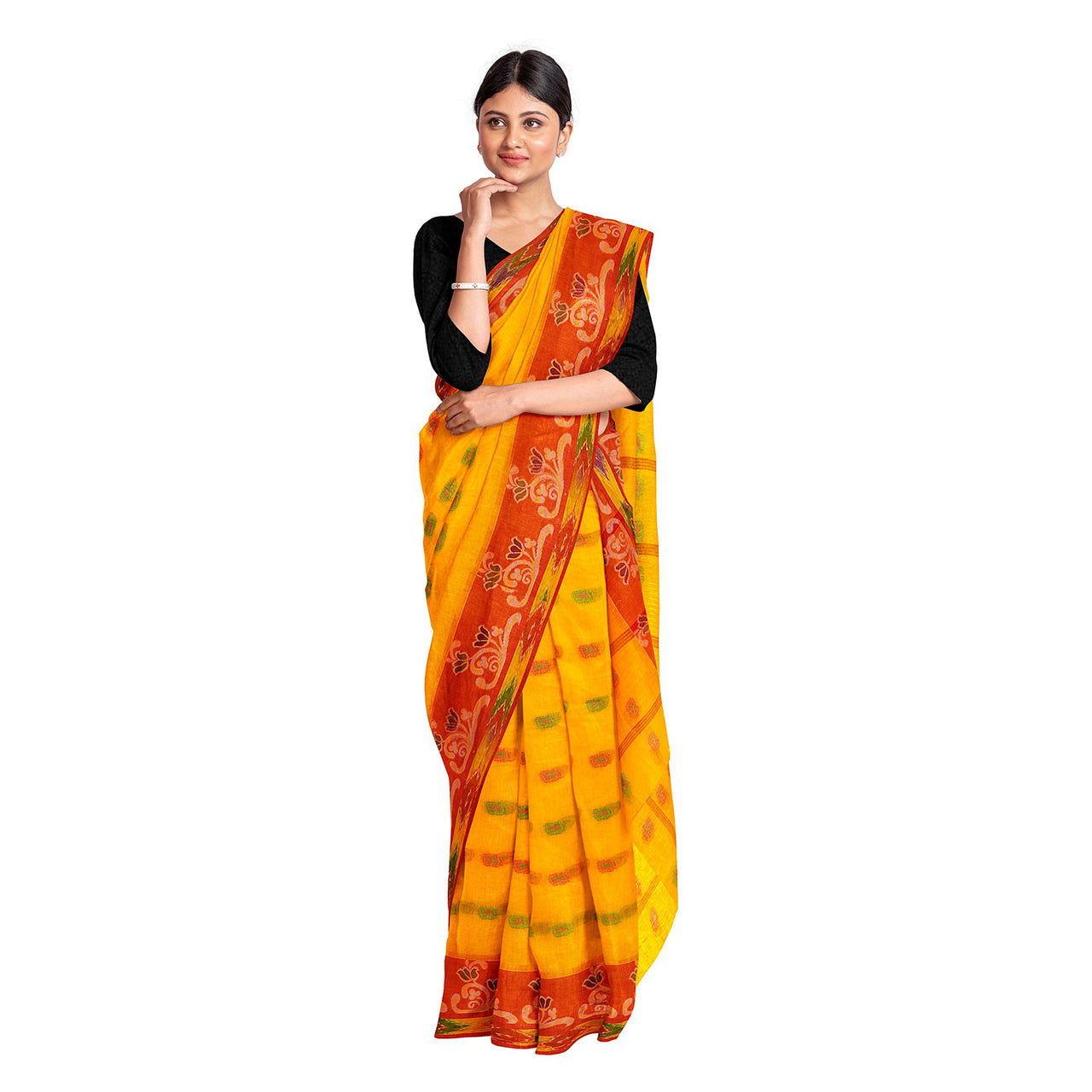 Exclusive Collection 100% Pure Cotton Yellow Tant Saree With Hand Weaving Work - Distacart