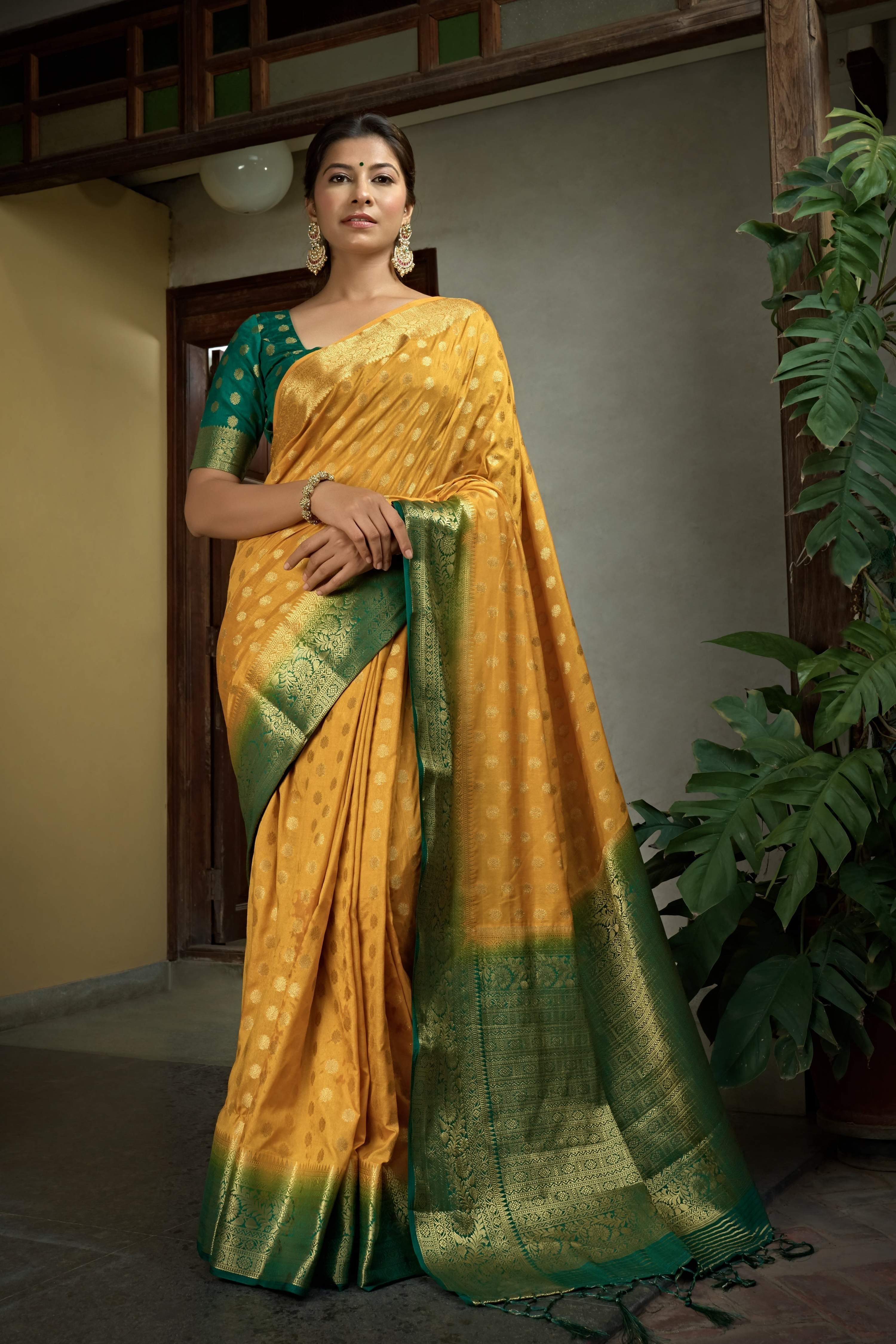 Vardha Scarlet Yellow Golden Zari Banarasi Raw Silk Saree
