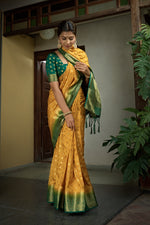 Thumbnail for Vardha Scarlet Yellow Golden Zari Banarasi Raw Silk Saree