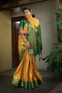 Thumbnail for Vardha Scarlet Yellow Golden Zari Banarasi Raw Silk Saree
