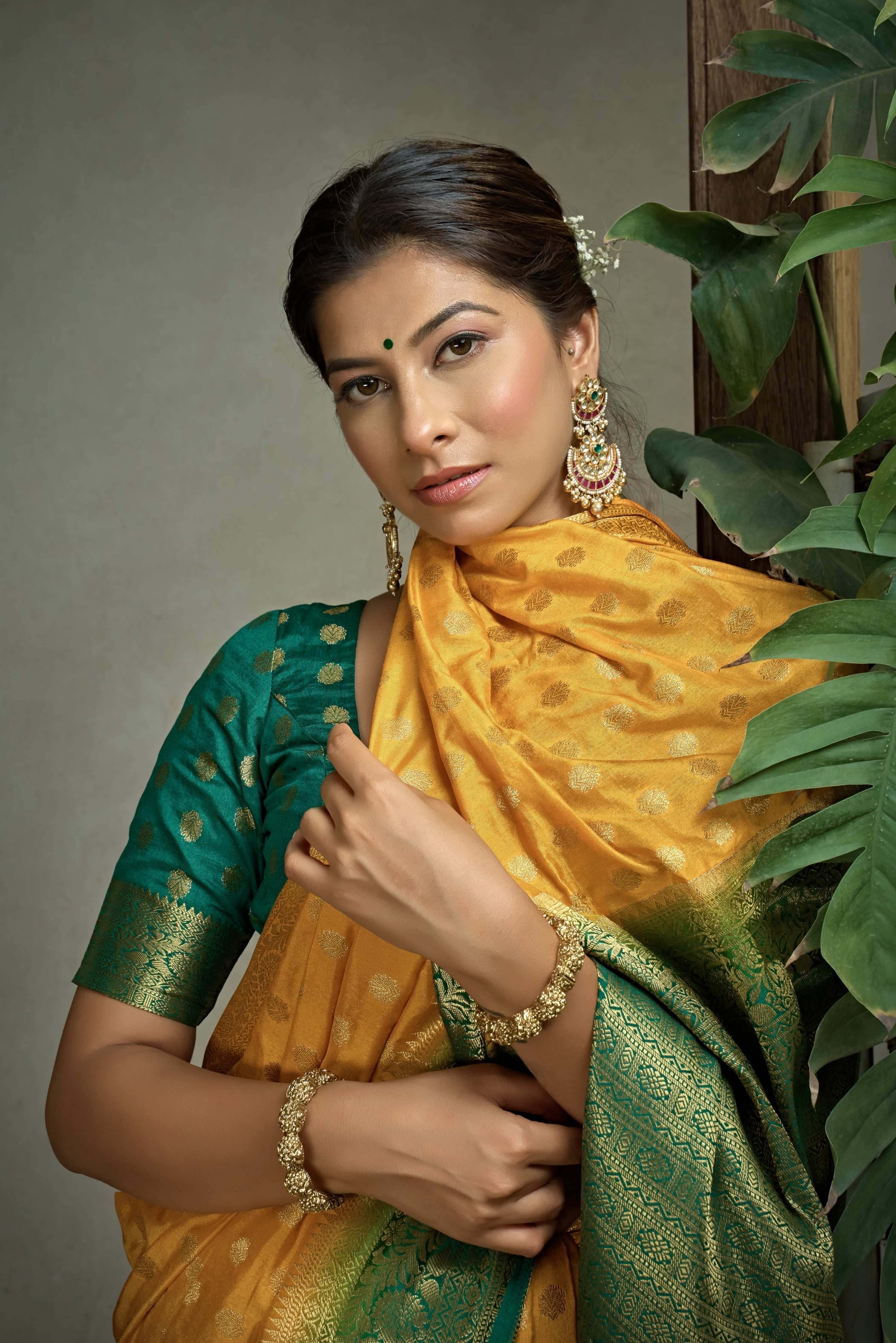 Vardha Scarlet Yellow Golden Zari Banarasi Raw Silk Saree