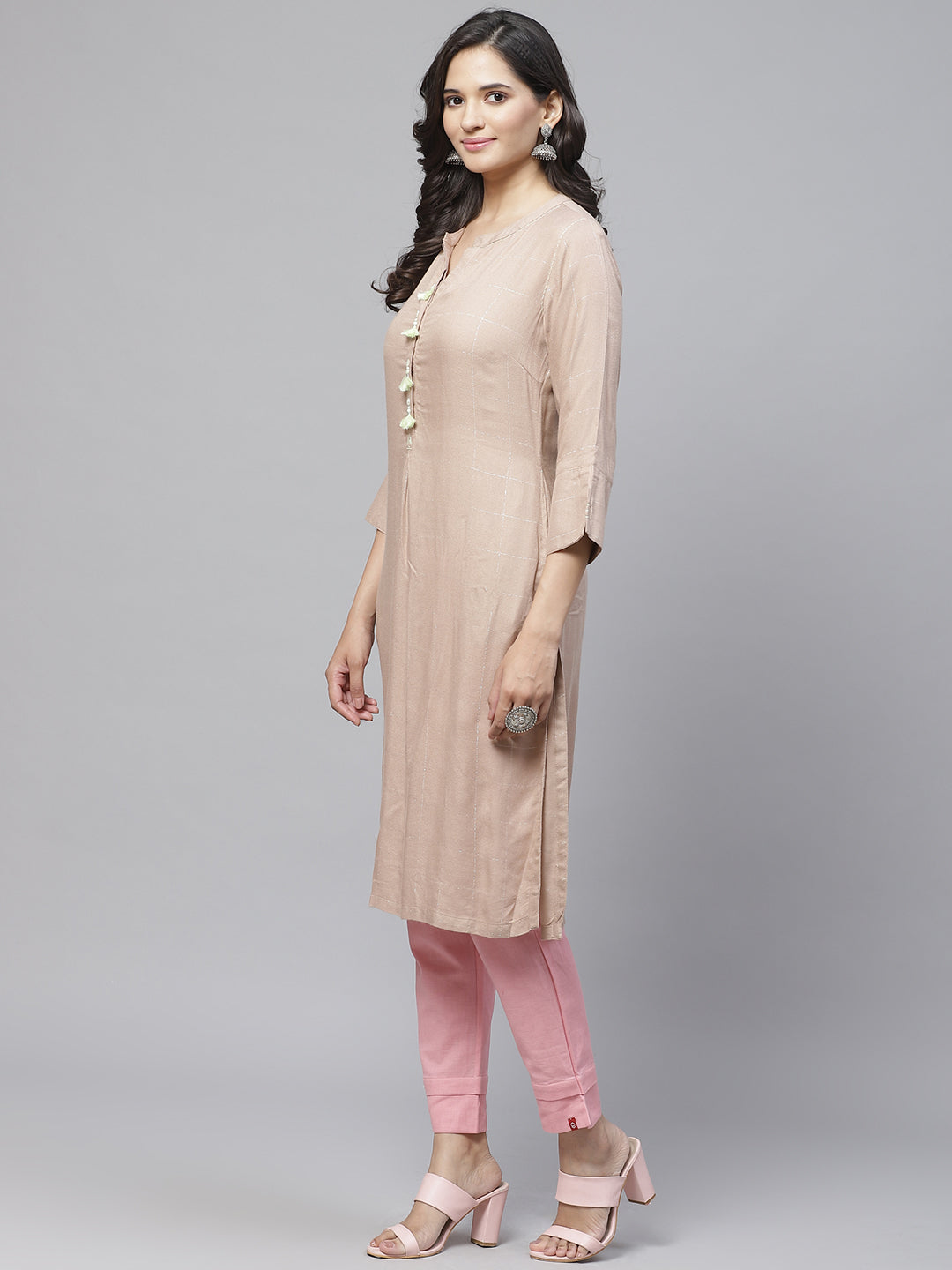 Biba Women Beige & Silver Checked Straight Kurta - Distacart