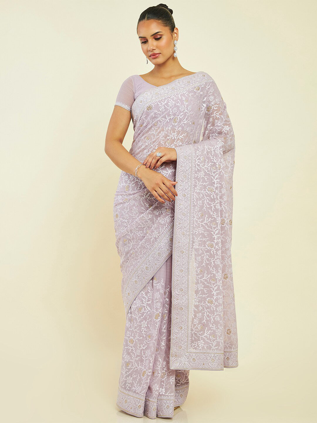 Soch Floral Embroidered Pure Chiffon Saree - Distacart
