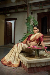Thumbnail for Vardha Cream White Golden Zari Banarasi Raw Silk Saree