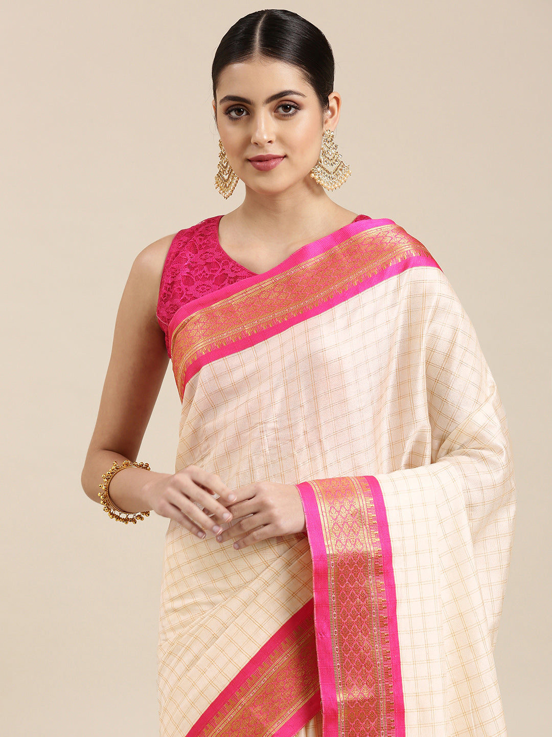 Kalini White & Pink Checked Zari Silk Cotton Saree - Distacart