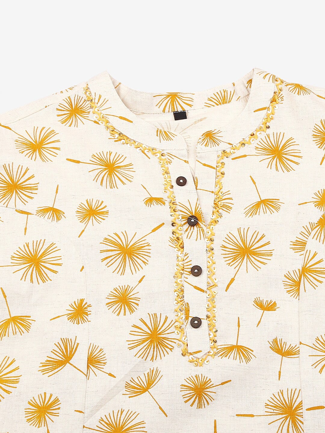 HERE&NOW Off White & Mustard Yellow Floral Printed Thread Work Sequinned Cotton Kurta - Distacart