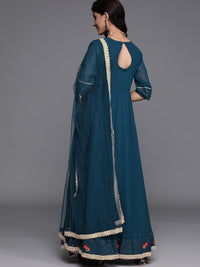 Thumbnail for Libas Blue Floral Yoke Design Regular Sequinned Kurta with Palazzos & With Dupatta - Distacart
