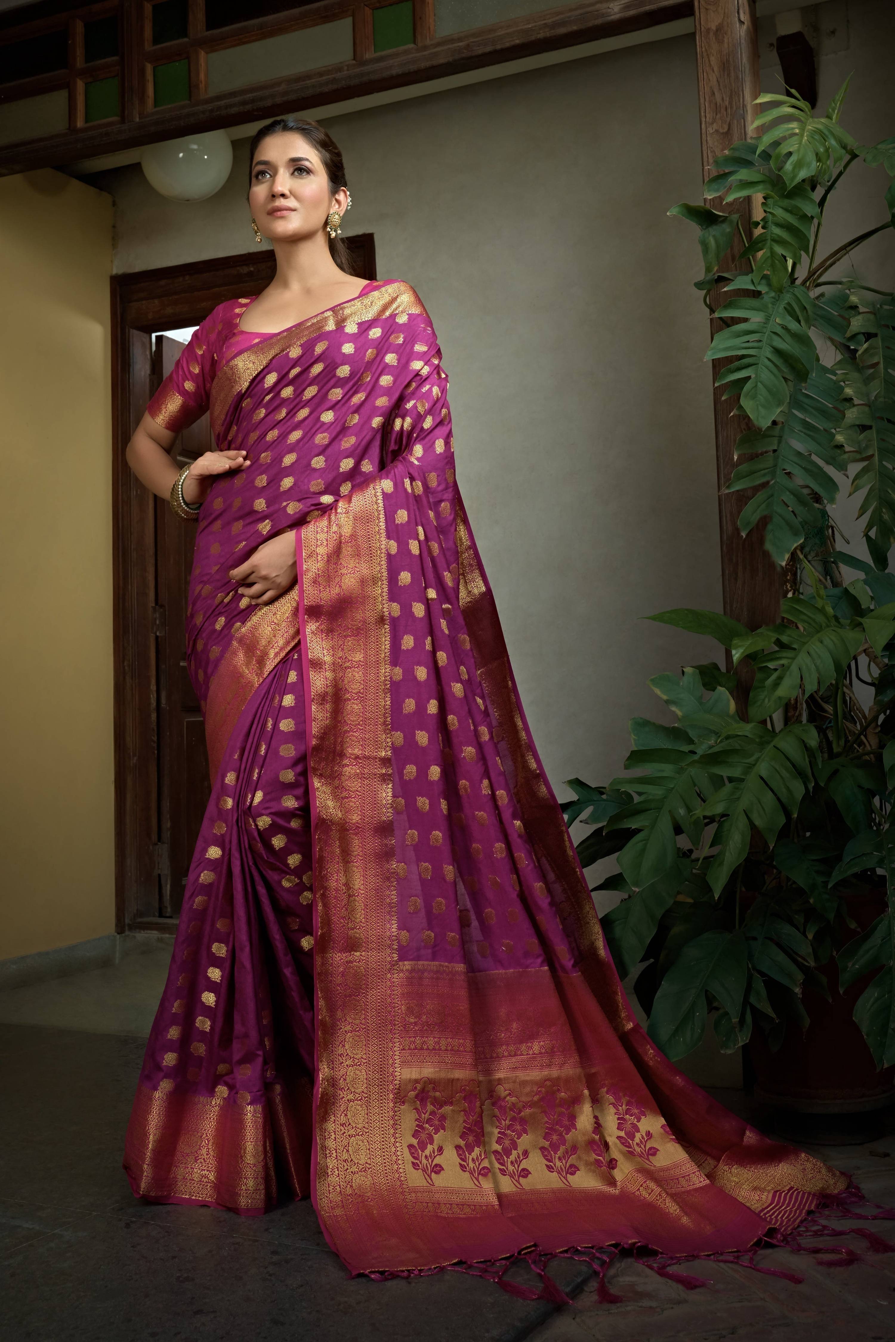 Vardha Magenta Pink Golden Zari Banarasi Raw Silk Saree