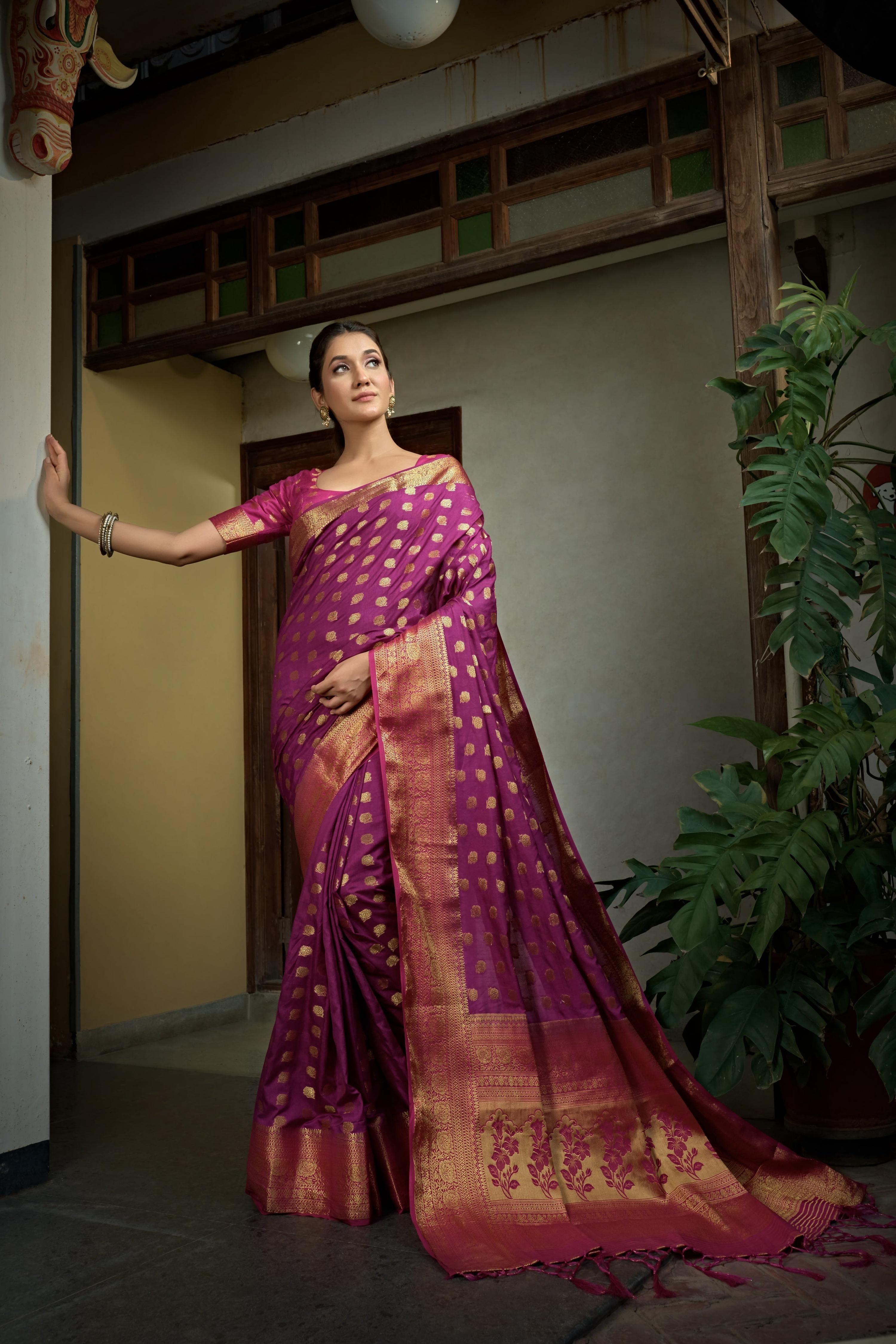Vardha Magenta Pink Golden Zari Banarasi Raw Silk Saree