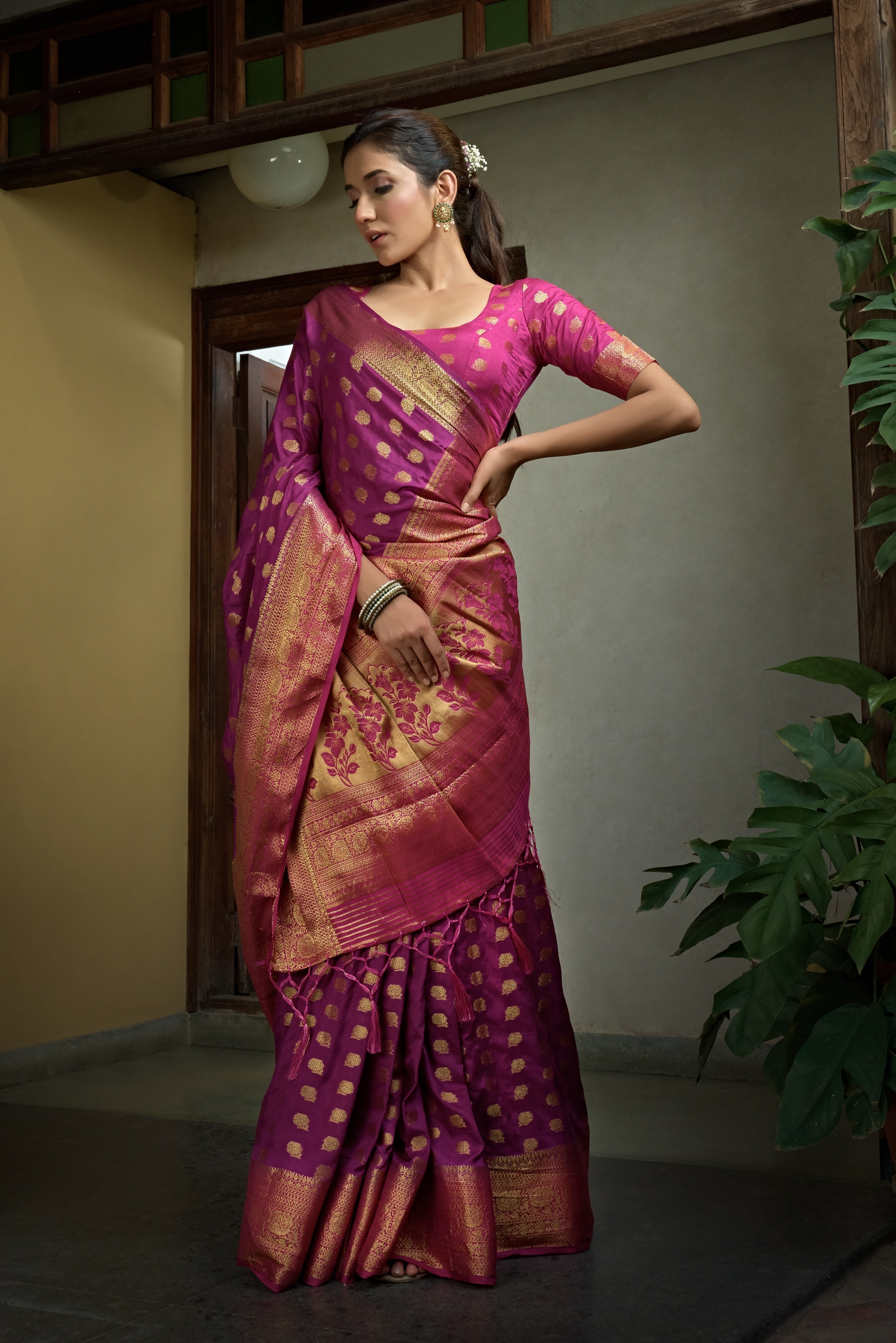Vardha Magenta Pink Golden Zari Banarasi Raw Silk Saree