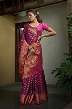 Thumbnail for Vardha Magenta Pink Golden Zari Banarasi Raw Silk Saree