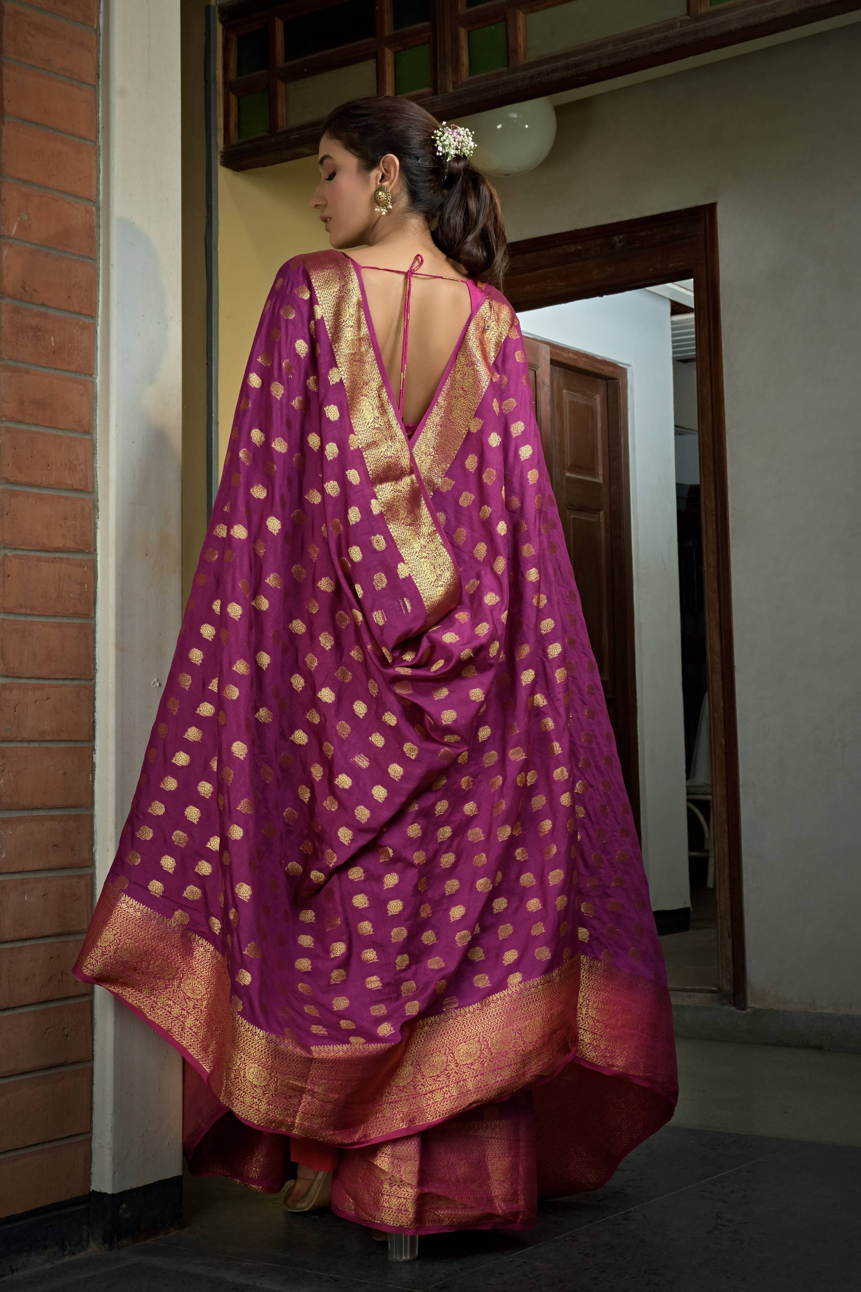 Vardha Magenta Pink Golden Zari Banarasi Raw Silk Saree