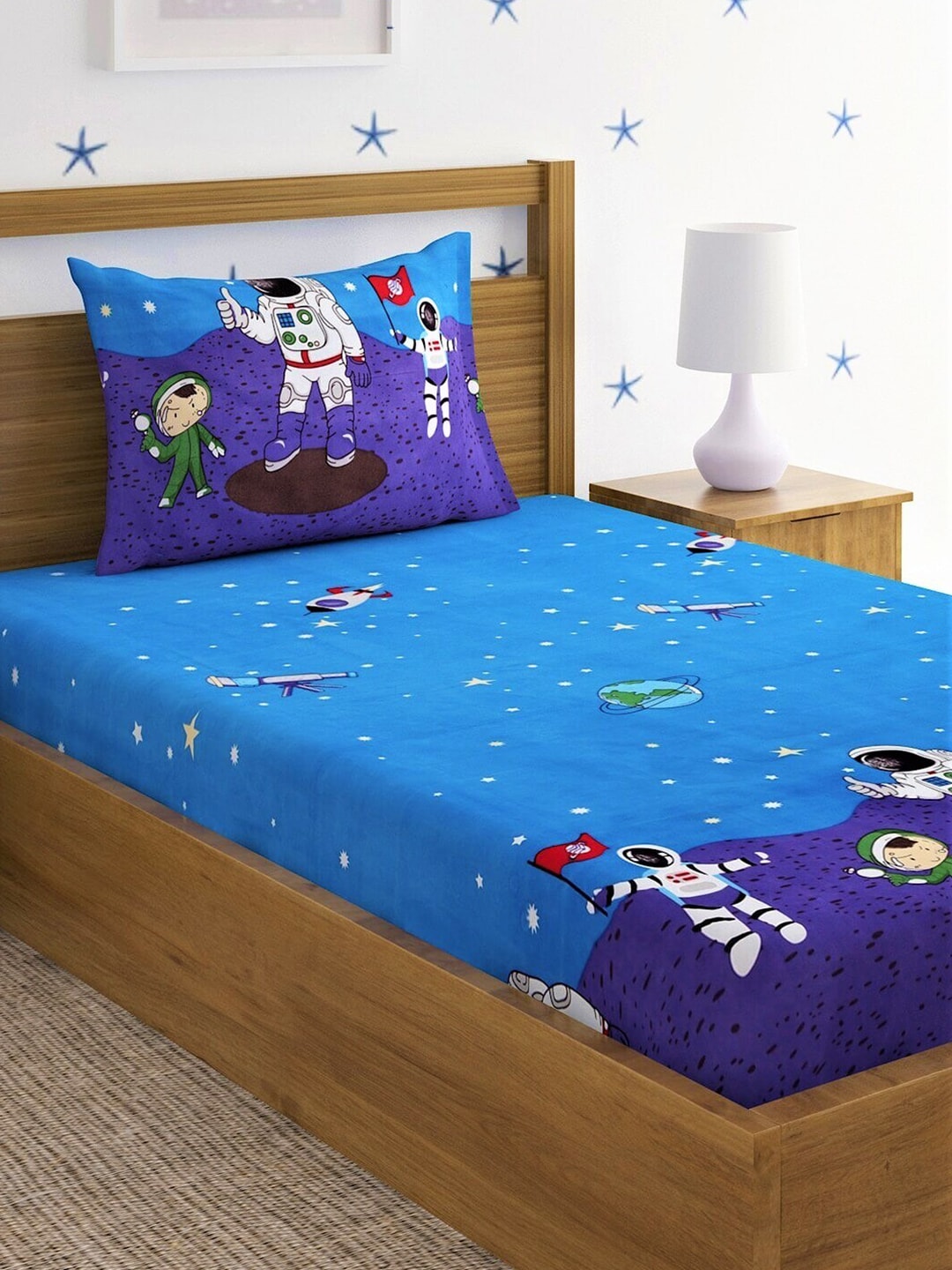 Home Sizzler Blue & White Cartoon Characters 210 TC Single Bedsheet with 1 Pillow Covers - Distacart
