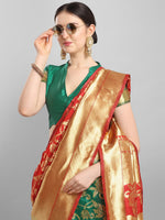 Thumbnail for Kalini Red & Green Floral Zari Silk Blend Banarasi Saree - Distacart