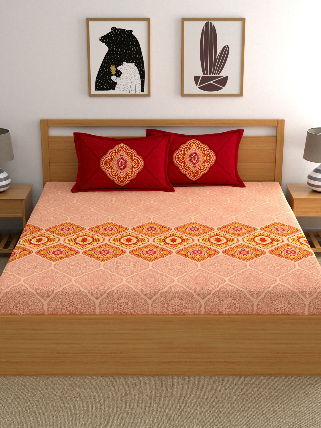 Dreamscape Pink Ethnic Motifs 144 TC Cotton 1 Queen Bedsheet with 2 Pillow Covers - Distacart
