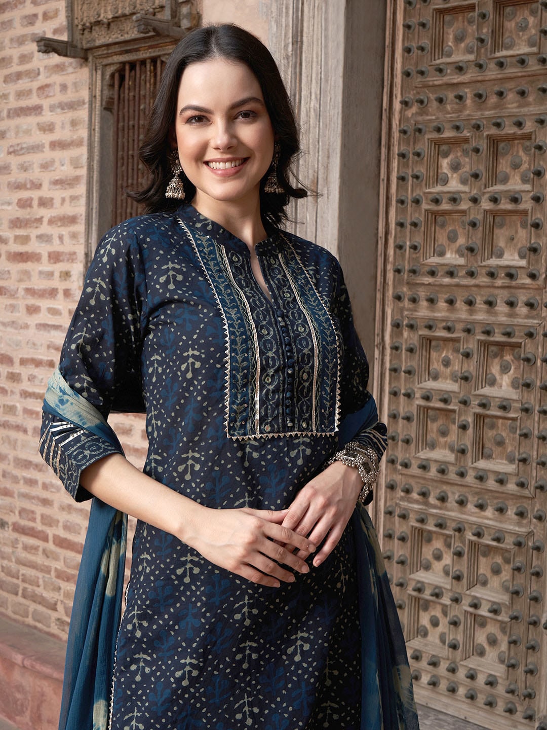 Sangria Blue Ethnic Motifs Embroidered Gotta Patti Pure Cotton Kurta Set With Dupatta - Distacart