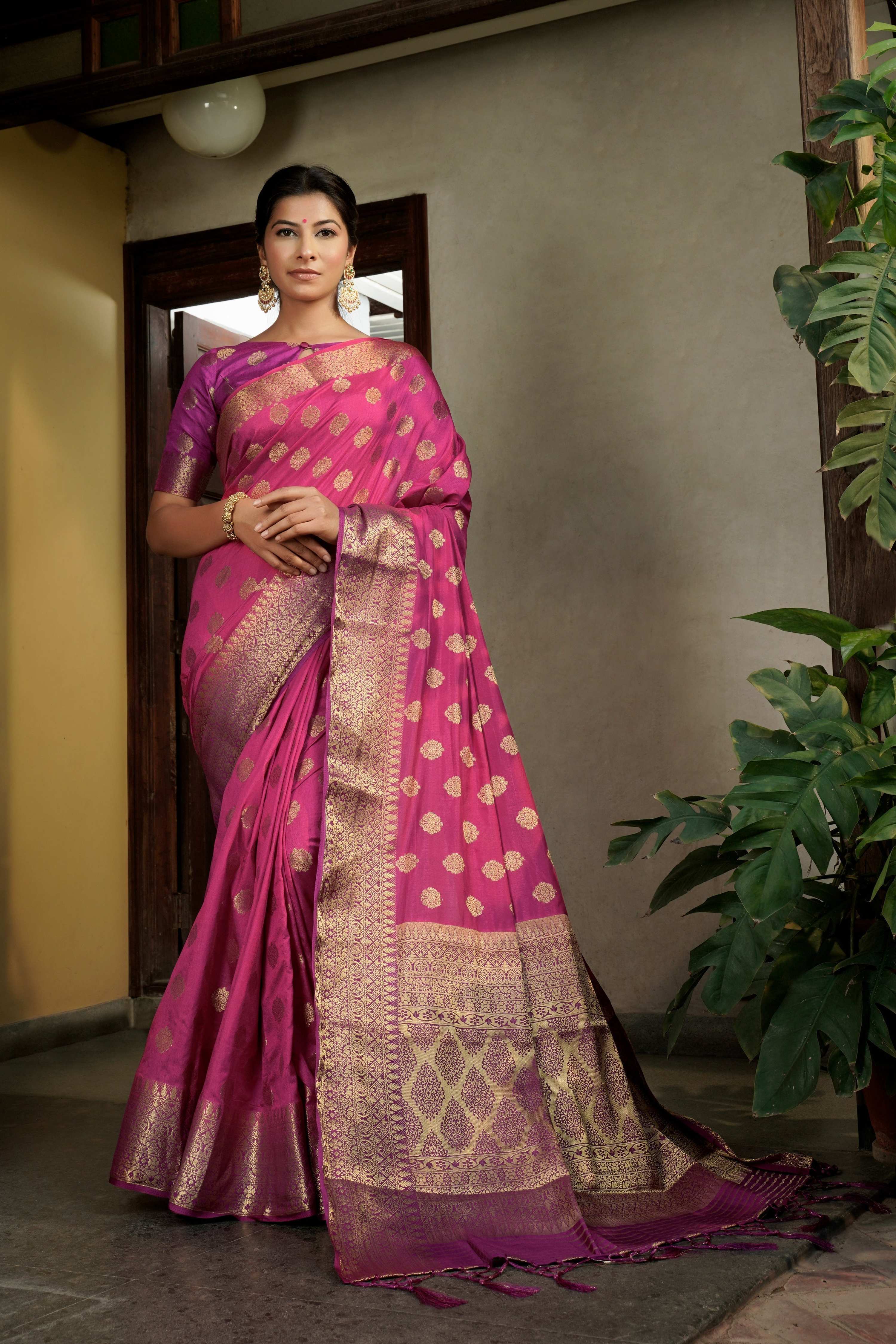Vardha Cerise Pink Golden Zari Banarasi Raw Silk Saree