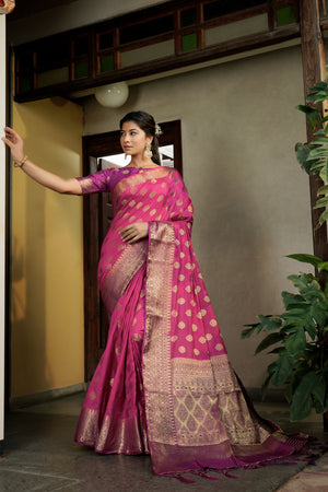 Vardha Cerise Pink Golden Zari Banarasi Raw Silk Saree