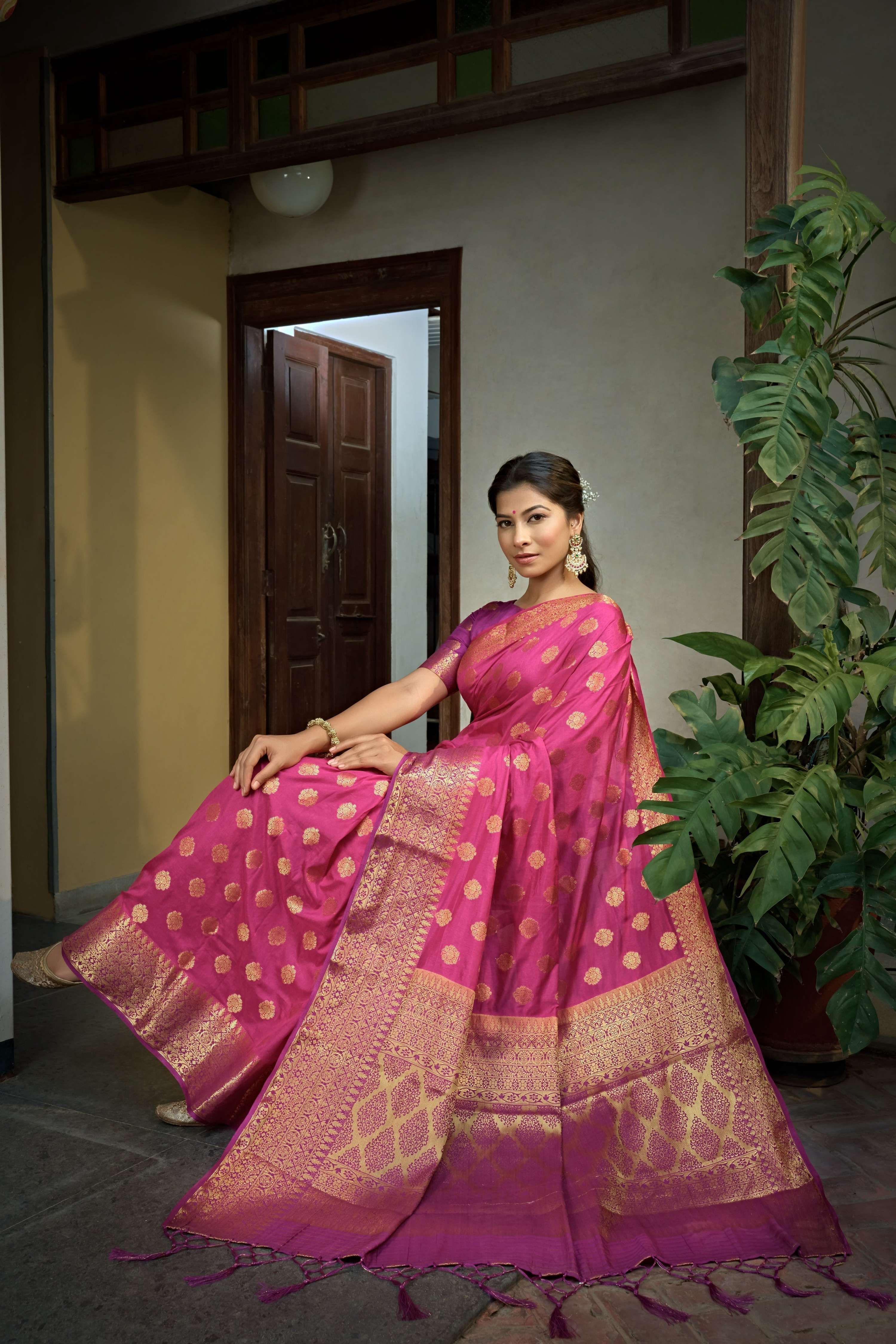 Vardha Cerise Pink Golden Zari Banarasi Raw Silk Saree