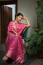Thumbnail for Vardha Cerise Pink Golden Zari Banarasi Raw Silk Saree