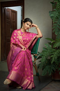 Thumbnail for Vardha Cerise Pink Golden Zari Banarasi Raw Silk Saree