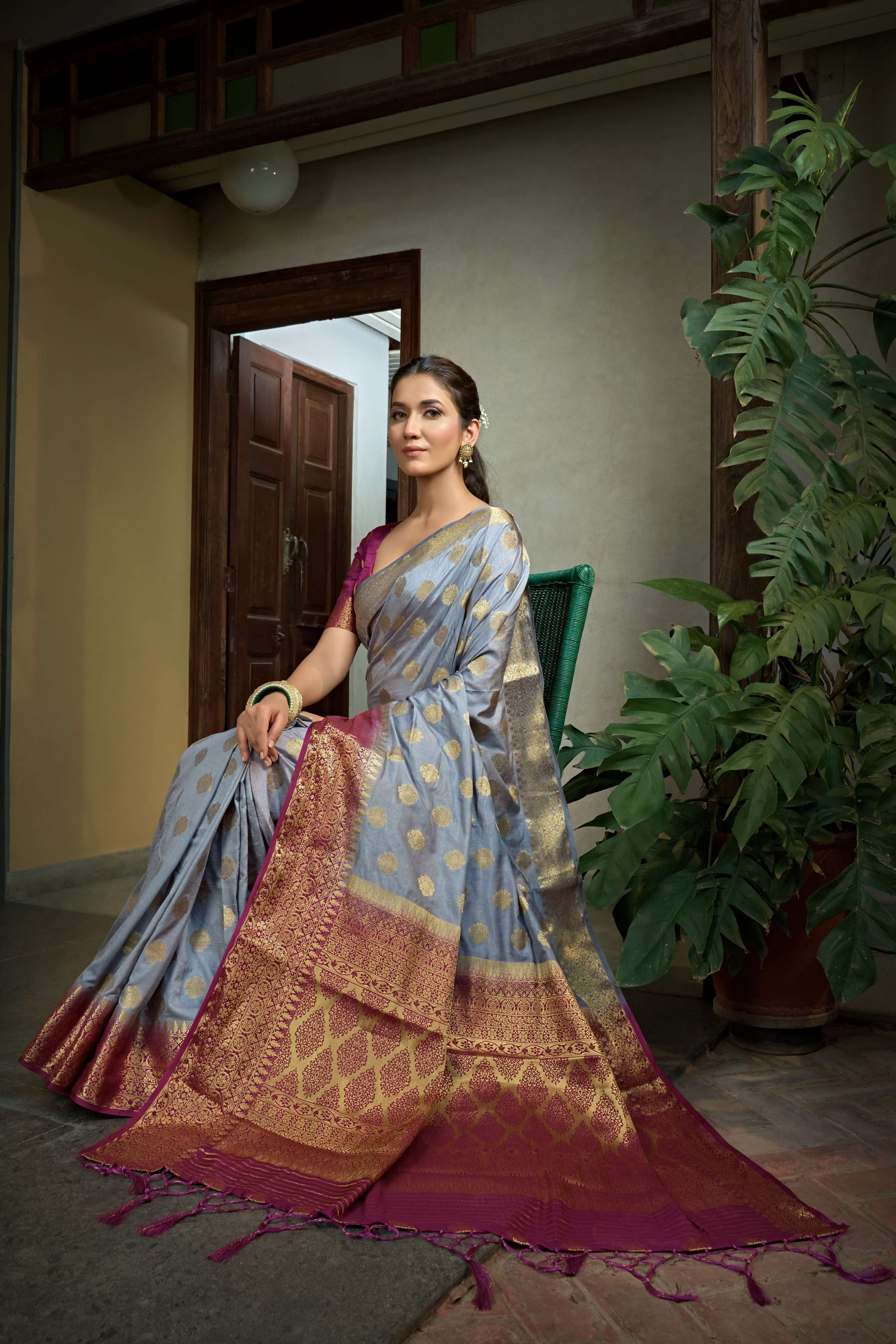 Vardha Royal Grey Golden Zari Banarasi Raw Silk Saree