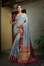 Thumbnail for Vardha Royal Grey Golden Zari Banarasi Raw Silk Saree