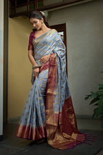 Thumbnail for Vardha Royal Grey Golden Zari Banarasi Raw Silk Saree