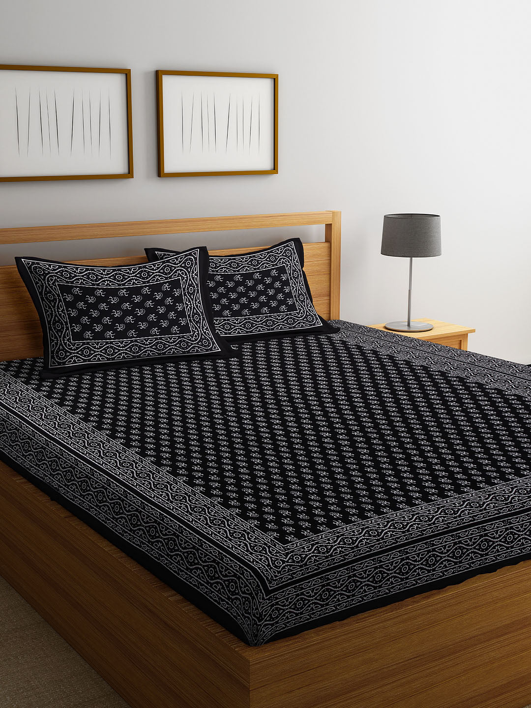 Rajasthan Decor Black & White Ethnic Motifs 144 TC Cotton 1 Queen Bedsheet with 2 Pillow Covers - Distacart