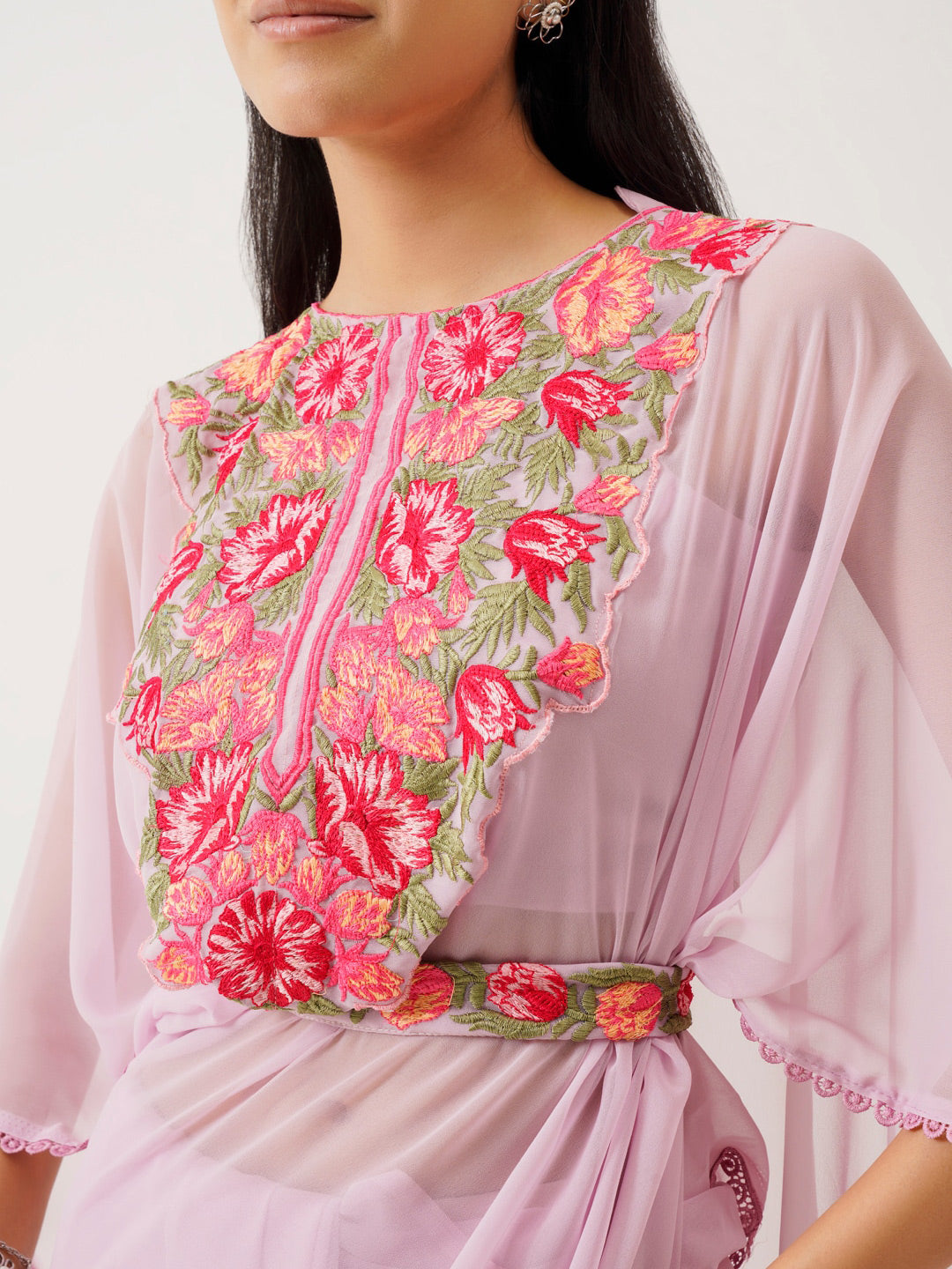 Tikhi Imli Lavender & Pink Floral Embroidered Belted Saree - Distacart