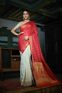 Thumbnail for Vardha Rose Red-Ivory White Golden Zari Banarasi Raw Silk Saree